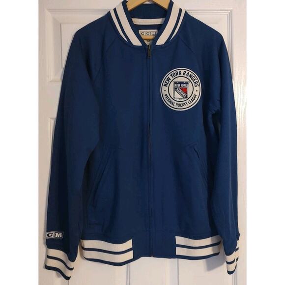 Men's CCM New York Rangers Varsity Jacket Blue NHL Zip Up 2016 Retro Style Small - Picture 1 of 5